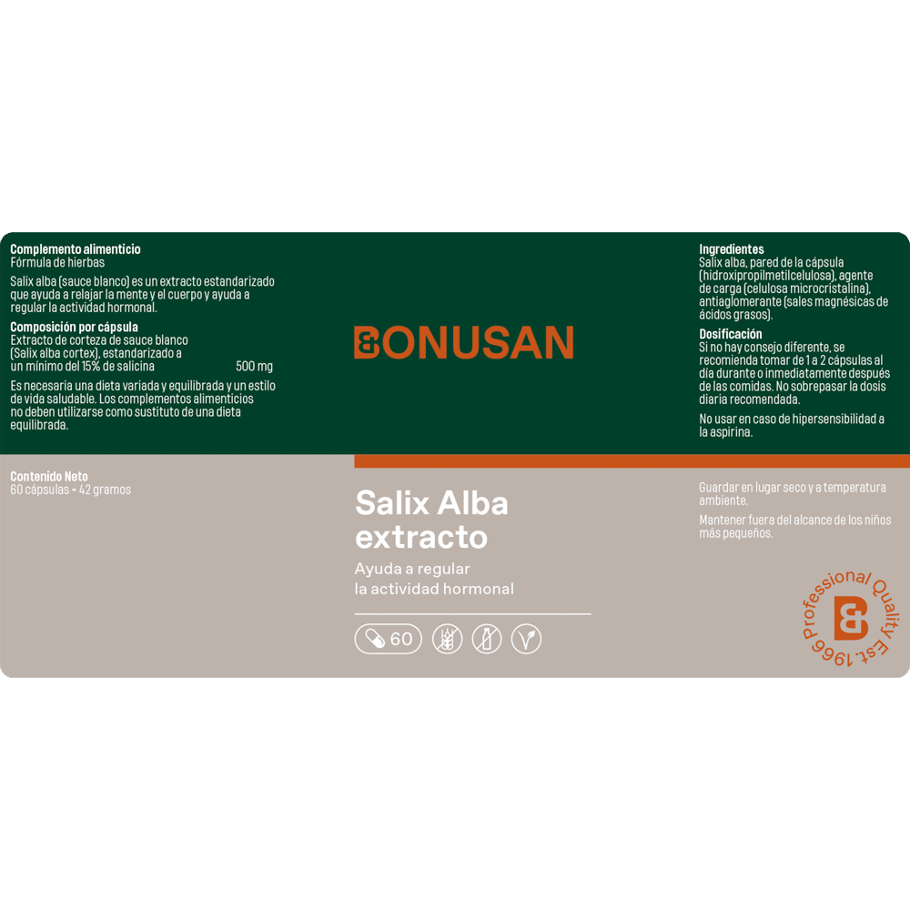 Salix alba extracto 60 cáps. de Bonusan_Etiqueta