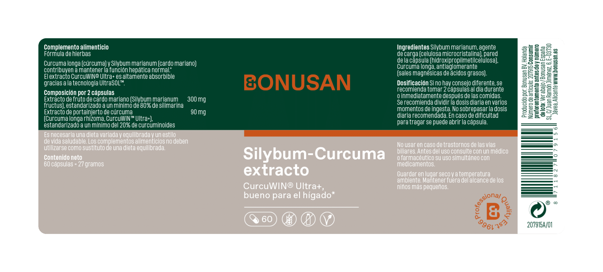 Silybum Curcuma extracto 60 cáps. de Bonusan_Etiquetas