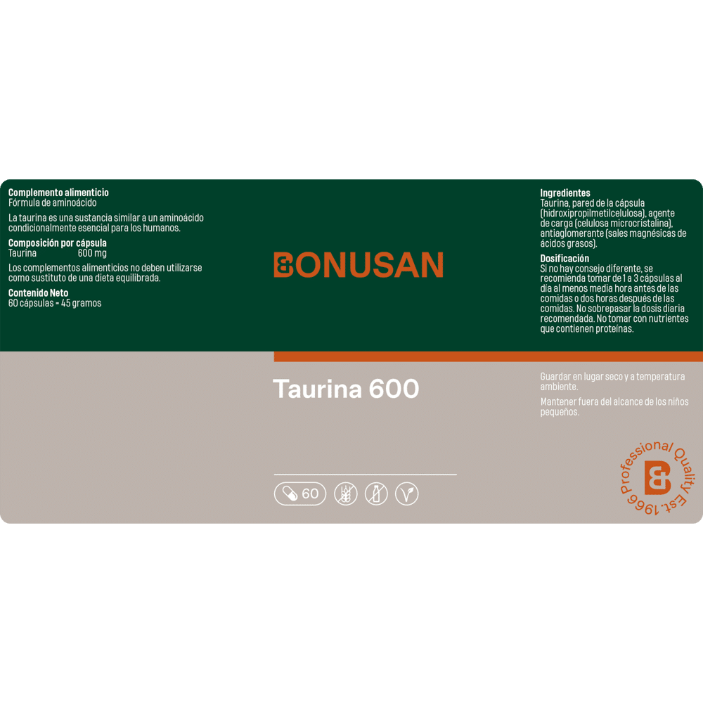 Taurina 600 mg. 60 cáps. de Bonusan_etiqueta