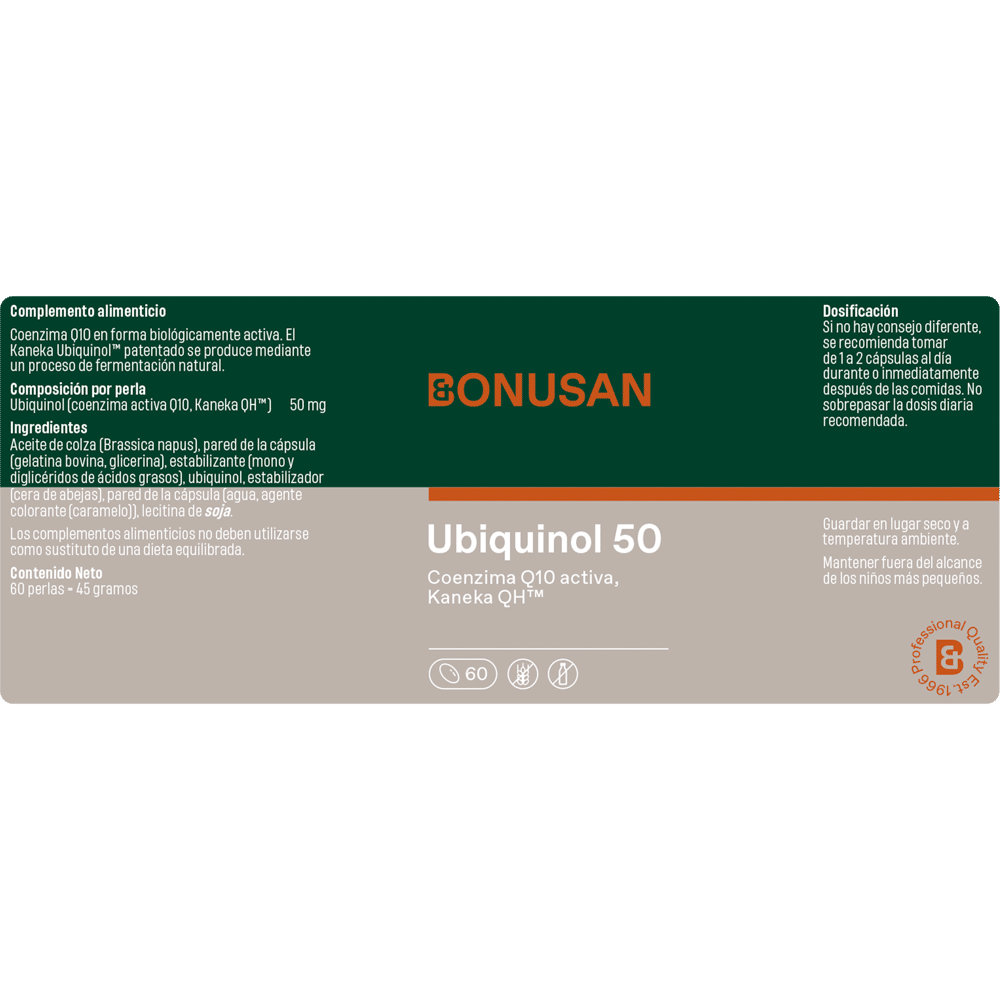 Ubiquinol 50 mg. 60 perlas de Bonusan eriqueta