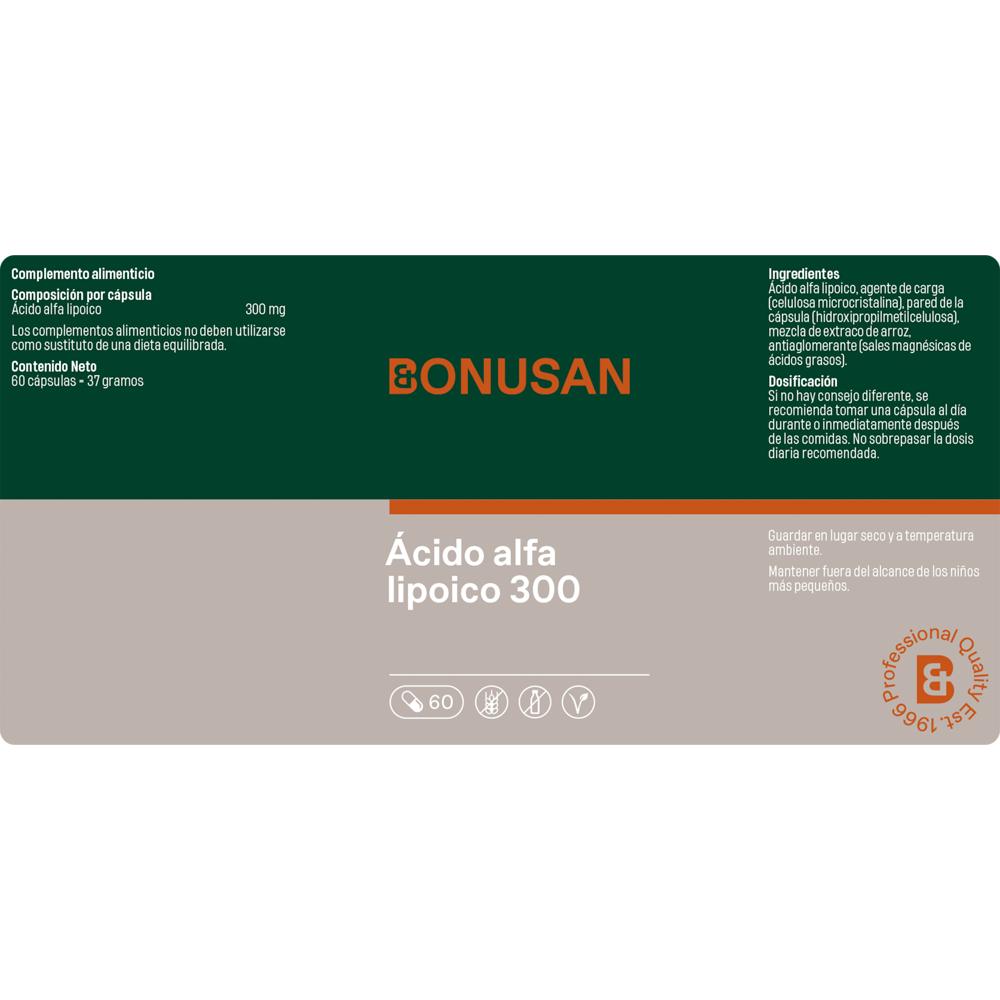 Ácido Alfa Lipoico 300 mg 60 cáps. de Bonusan_Etiqueta
