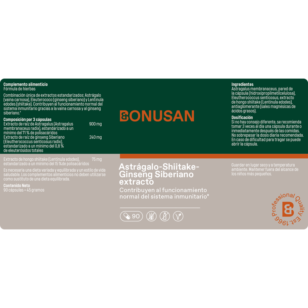 Astrágalo-Shiitake-Ginseng Siberiano extracto 90 cáps. de Bonusan_Etiqueta