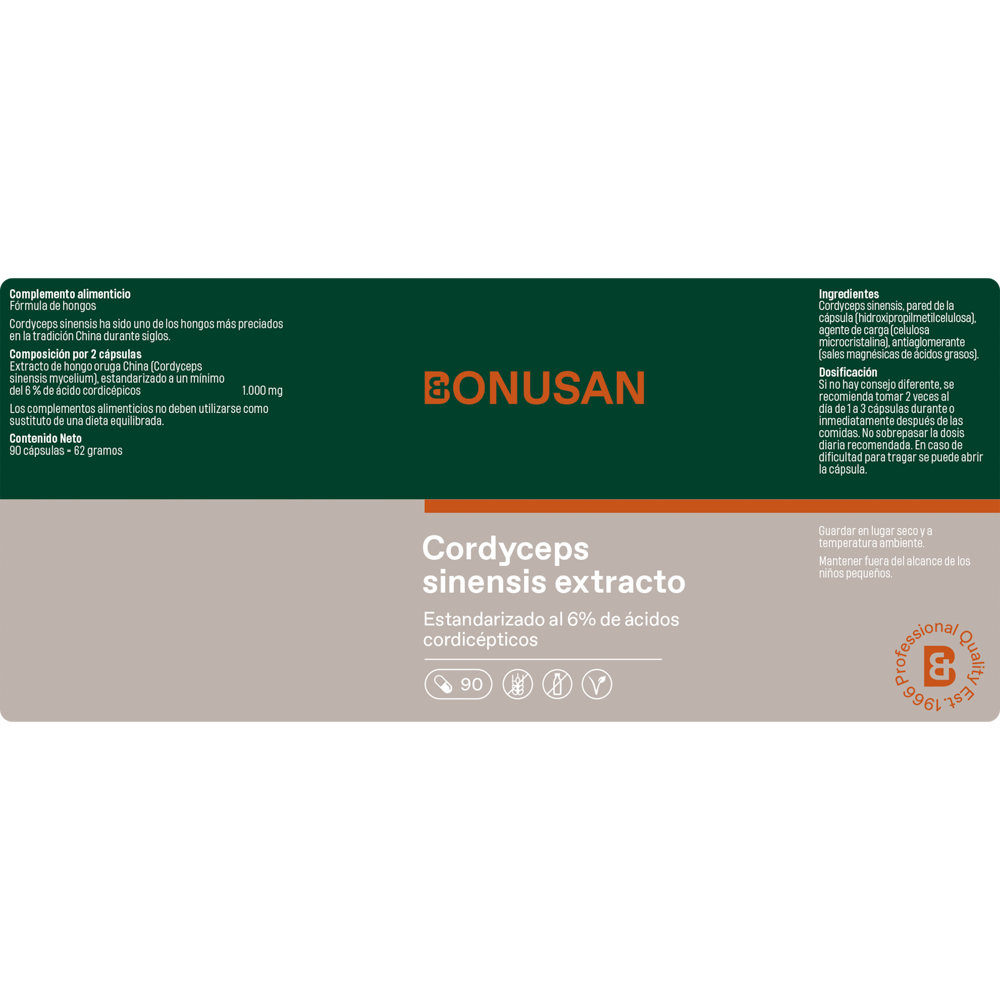 Cordyceps sinensis extracto 90 cáps. de Bonusan_Etiqueta