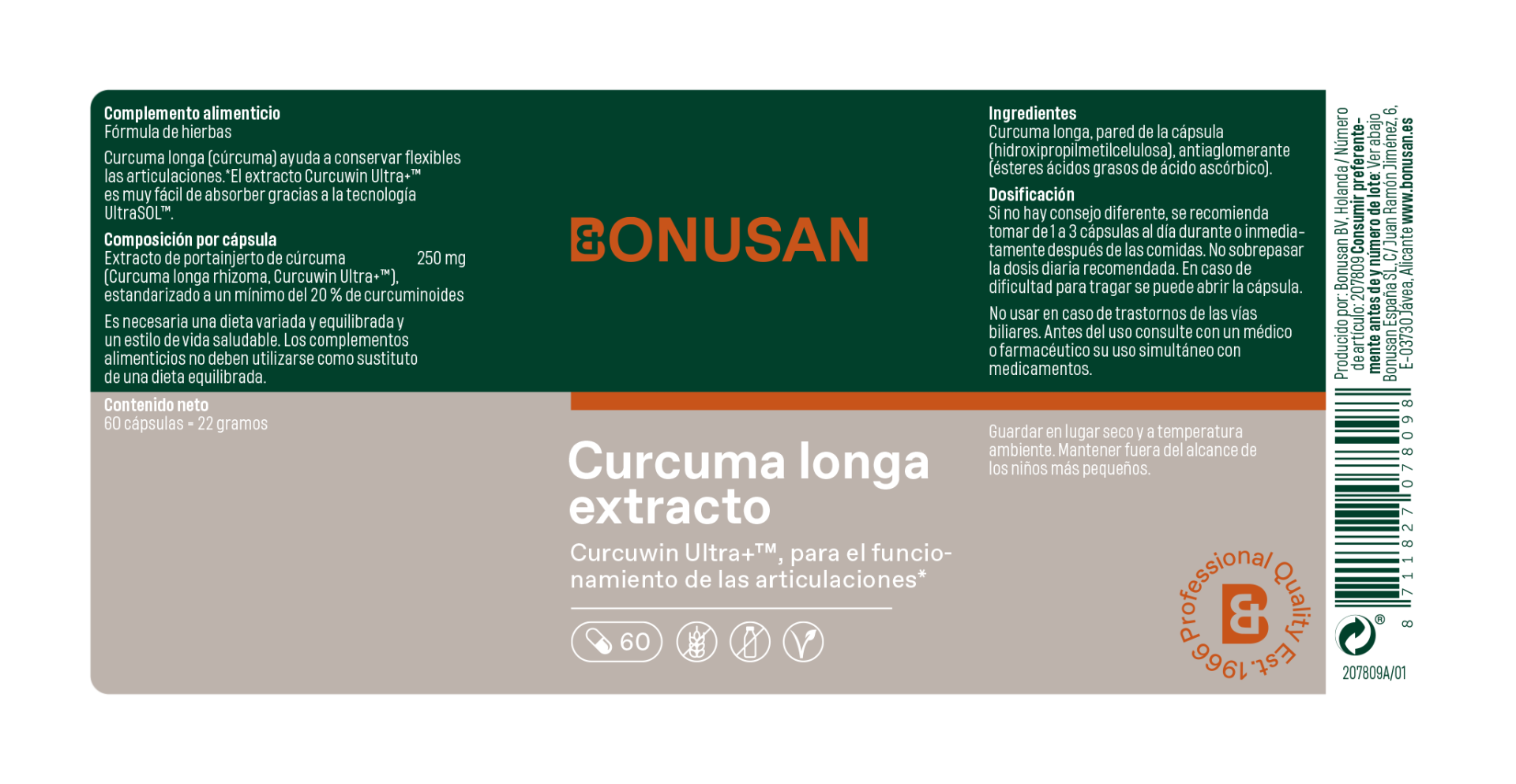 Curcuma longa extracto 60 cáps. de Bonusan_etiqueta