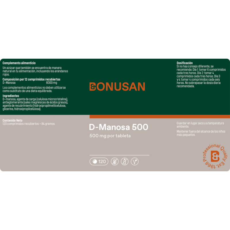 D-Manosa 500 mg. 120 comp. de Bonusan_etiqueta
