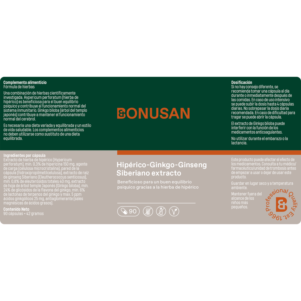 Hipérico-Ginkgo-Ginseng Siberiano extracto 90 cáps. de Bonusan_Etiqueta
