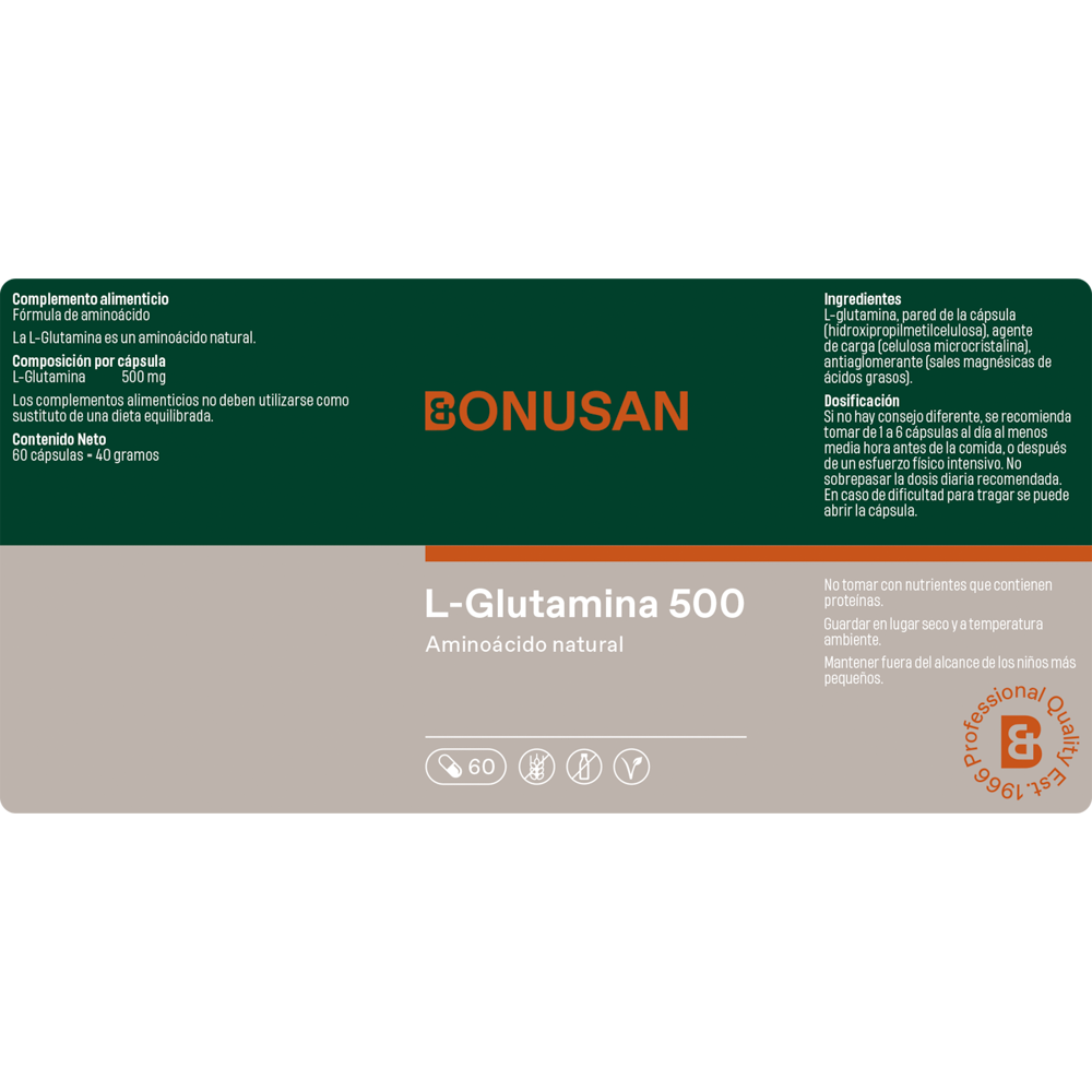 L-Glutamina 500 mg. 60 cáps. de Bonusan_Etiqueta