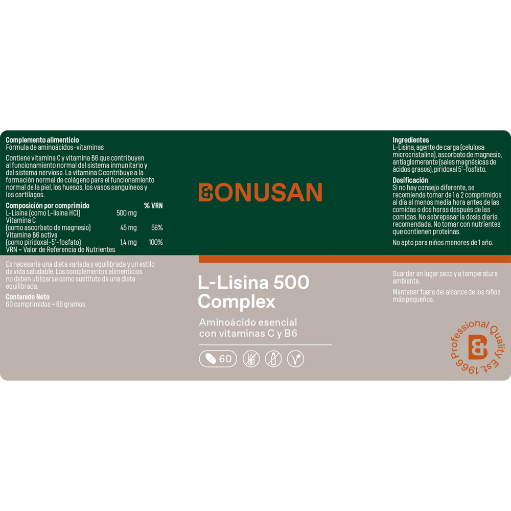 L-Lisina 500 mg. Complex 60 comp. de Bonusan_Etiqueta