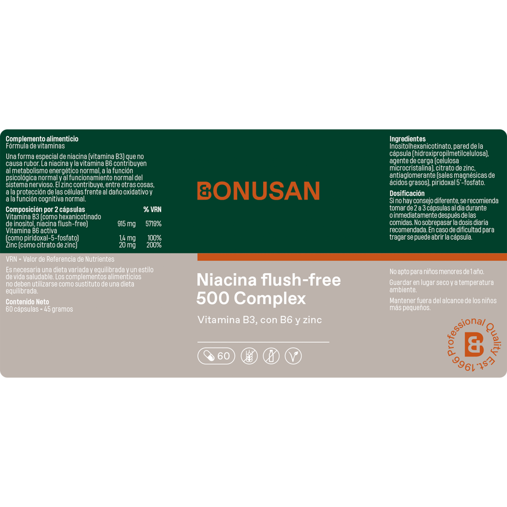 Niacina flush-free 500 mg. Complex 60 cáps. de Bonusan_etiquetas
