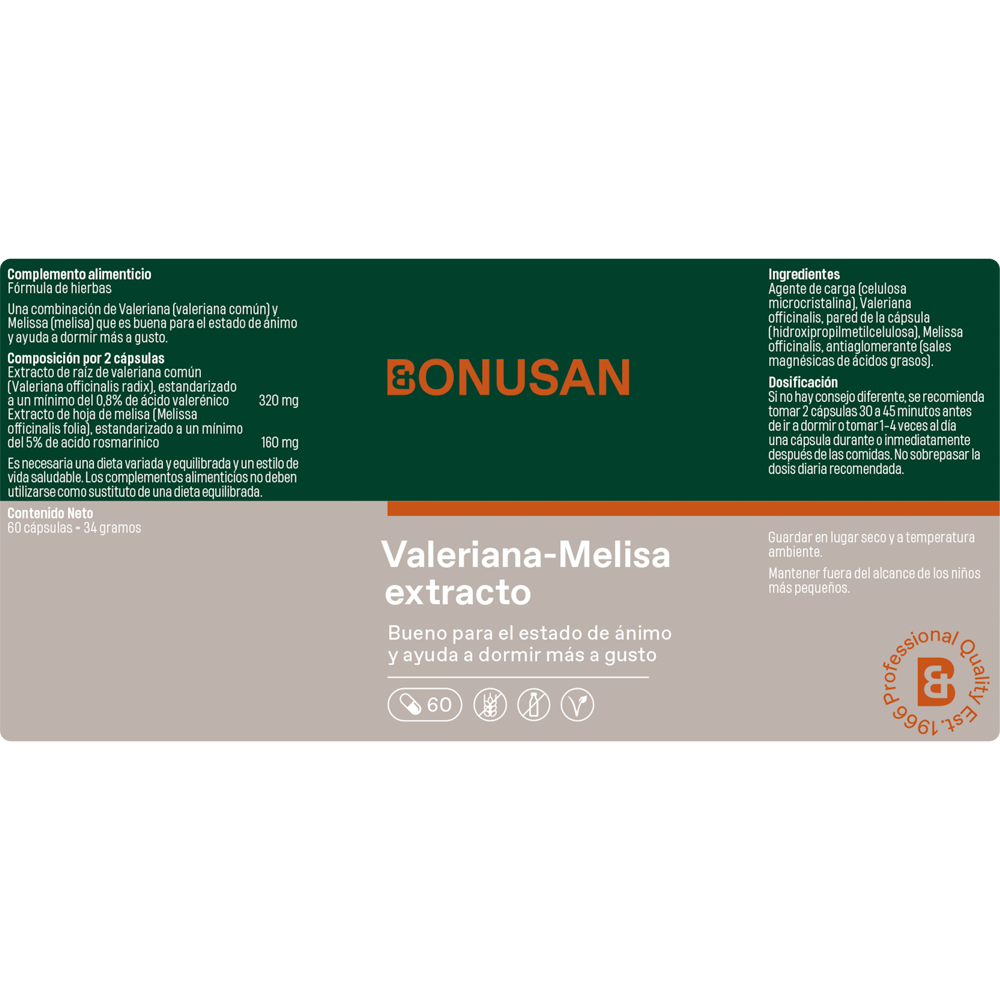 Valeriana Melissa extracto 60 cáps. de Bonusan_etiqueta