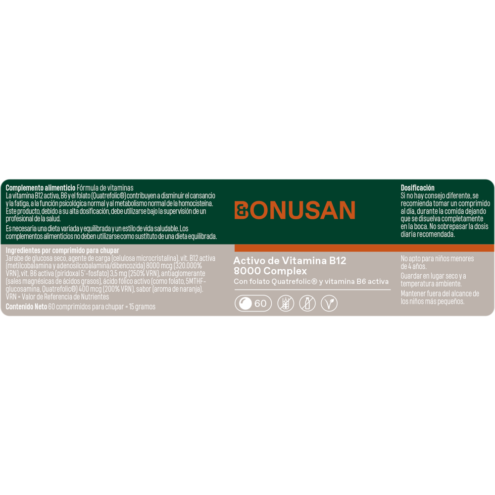Vitamina B12 activa 8000 Complex 60 comp. de Bonusan_Etiqueta