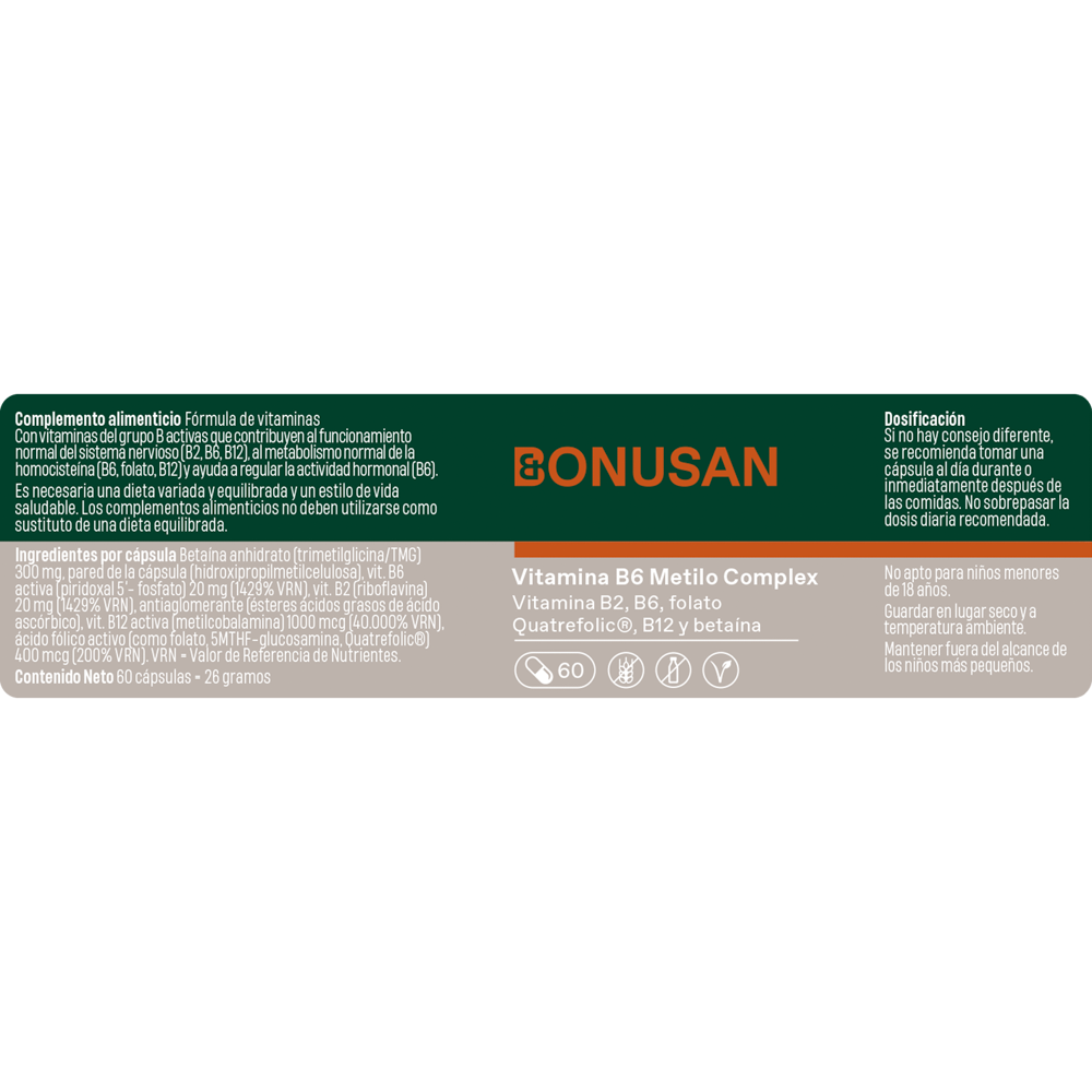 Vitamina B6 Metilo Complex 60 cáps. de Bonusan_Etiqueta