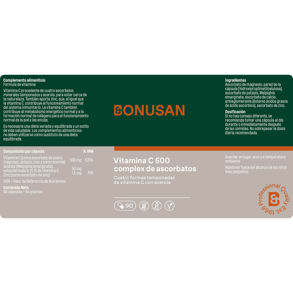 Vitamina C-500 complex de ascorbatos 90 cáps. de Bonusan_etiqueta