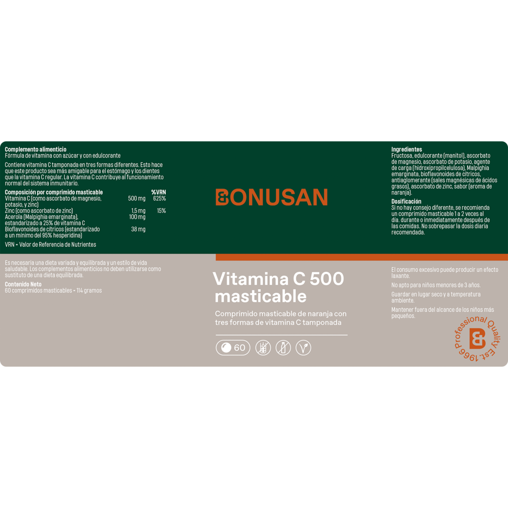 Vitamina C-500 masticable 60 comp. de Bonusan_Etiqueta