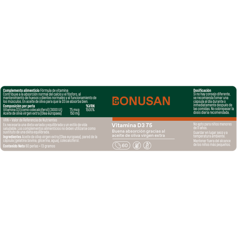 Vitamina D3 75 mcg. (3000 UI) 60 perlas de Bonusan